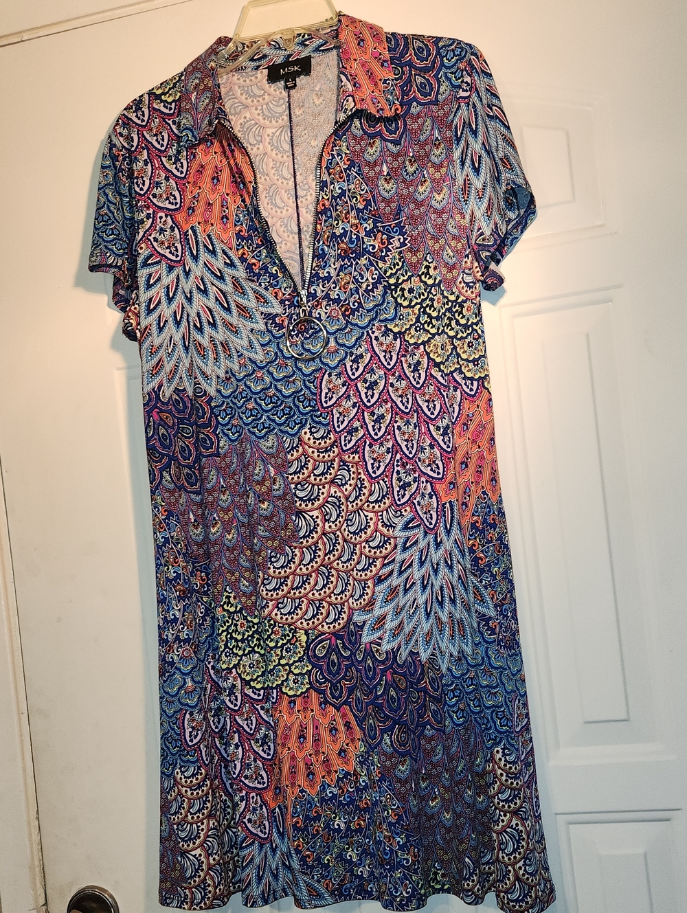 MSK Multicolor Printed Short SleeveMini Dress - Blue, Purple, Orange
